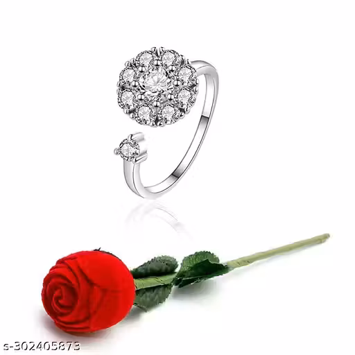 Silver rotating Ring for Women & Girls with Velvet Red Rose Box - Romantic Gift for Valentine Day