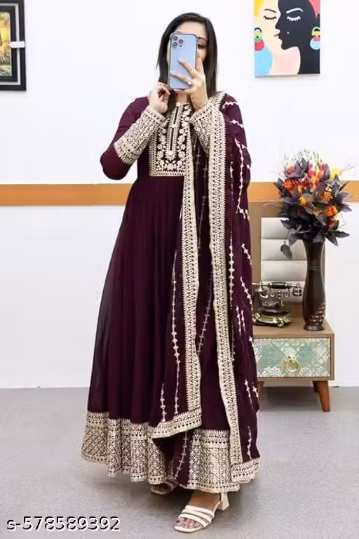 Snizvi Fashion Fashinable Wedding Special Embrodary work Gown with Duppata ( No bottam wear ) set .