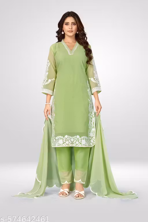 Snizvi | Women's Georgette Chikankari Embroidered Straight Kurta - Pakistani Suit for Festive & Casual Wear
