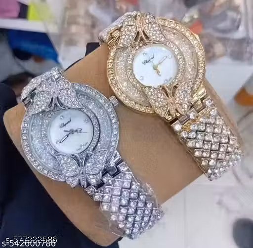 pack of 2 E l eg a n t a n d glamorous c r y s t a l-studded women's watches featuring intricate bracelet designs—one with a sleek rectangular dial, the other adorned with b u t t e r f l y accents for a luxurious touch.