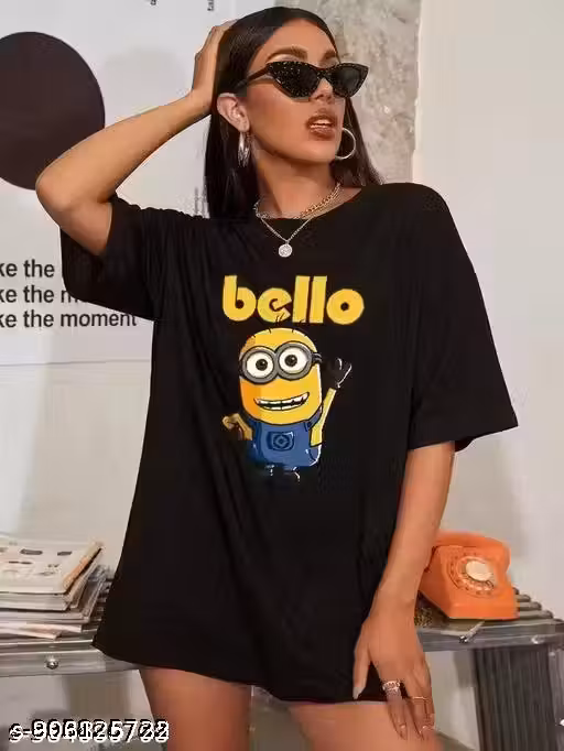 Unisex Minion "Bello" Oversized Cotton T-Shirt - Black Streetwear Graphic Drop Shoulder Tee