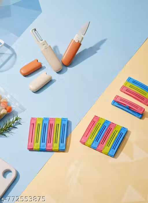 Airtight Plastic Bag Sealer Clips (Pack of 6) and Stainless Steel 2-in-1 Vegetable Peeler & Knife Set - Essential Kitchen Storage Accessories for Chip Bags, Snack Sealing & Fruit Slicing
