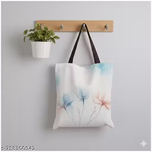 Spring Blossom Signature Floral Tote | Aesthetic White Canvas Bag for College Students | Stylish Multipurpose Travel & Grocery Bag with Black Handles
