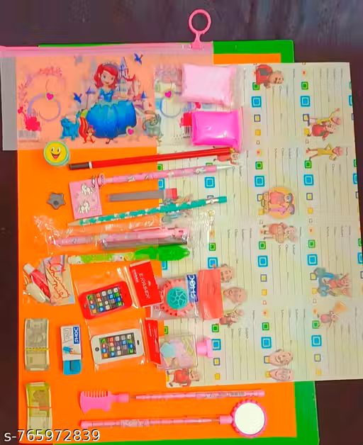 Mechanical pencil, mobile eraser, Kale,magnet, note, cheating pen, mirror pen pencil, kangi pen pencil,tyre eraser, beautiful nails,Round stamp, dairy pan pencil,box paper soap, name cheat, pencil pouch 24pc combo gift set for kids birthday gifts