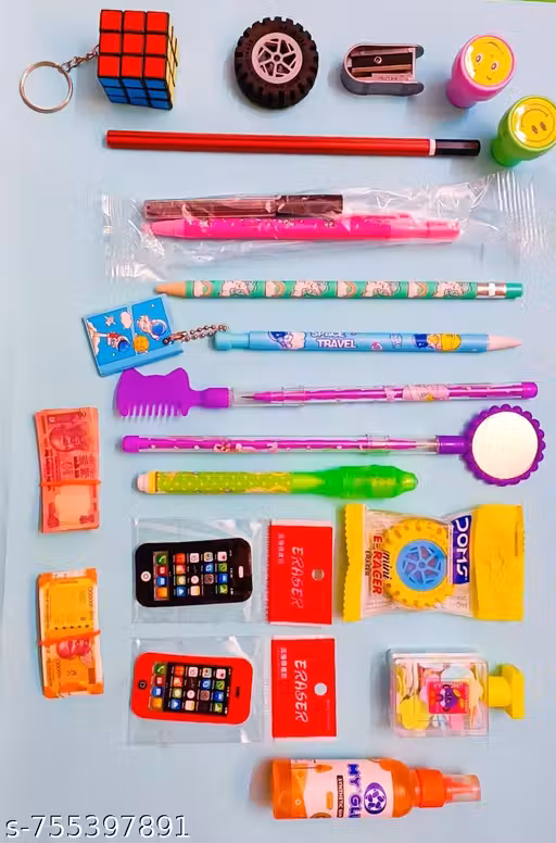 Mechanical pencil, mobile eraser, Kale, popat chhalla, Round stamp, cheating pen, mirror pen pencil, kangi pen pencil, Glue, Terry eraser , dairy pan pencil,box paper soap, puzzle, note, 21pc combo gift set for kids birthday gifts ....