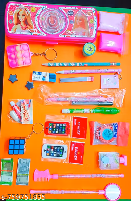 Mechanical pencil, mobile eraser, Kale, popat chhalla, magnet, note, cheating pen, mirror pen pencil, kangi pen pencil,tyre eraser,beautiful nails, ,Round stamp, dairy pan pencil,box paper soap, cube challa, pencil box,24pc combo gift set for kids birthda