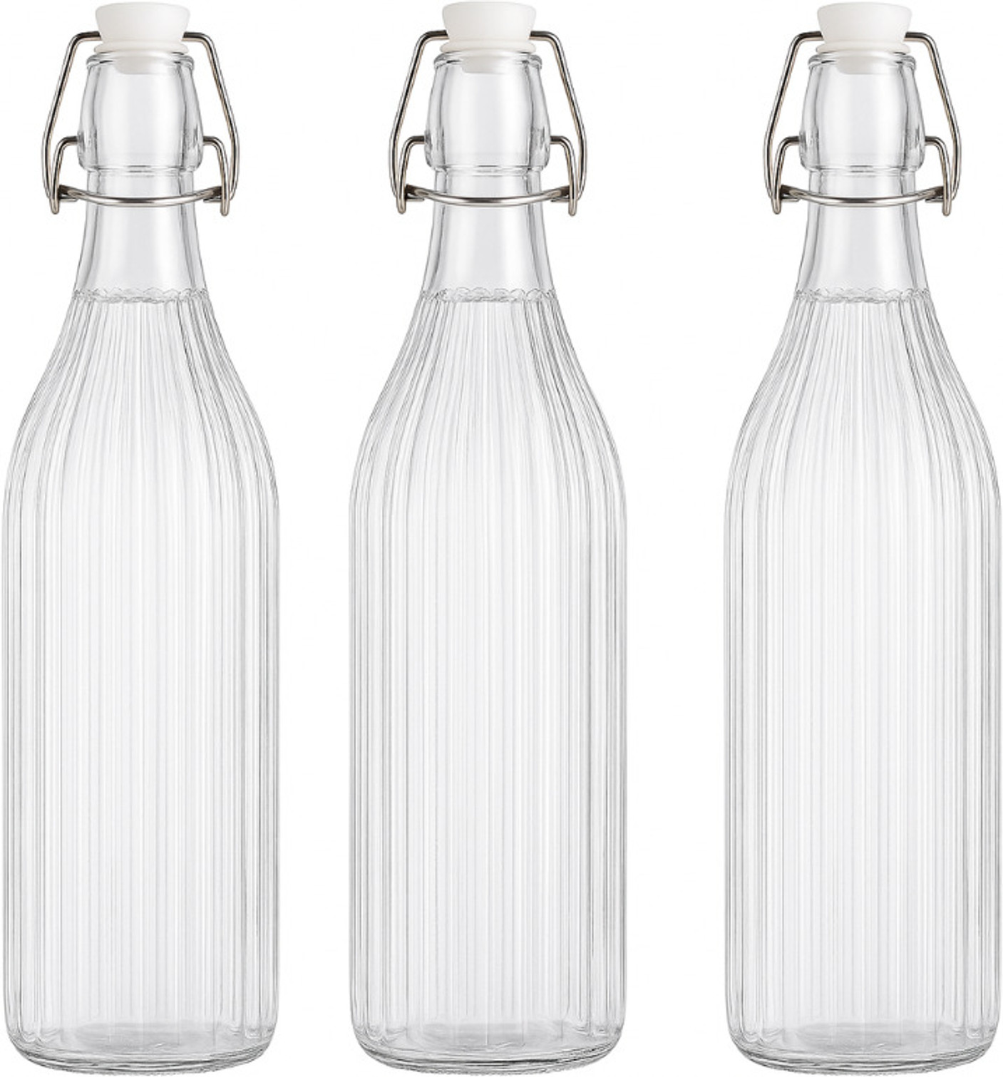 AAnami Transparent Freezer Safe & Leakproof Flip Cap Stylish Stripped Design 1000 ml Glass Bottle (Pack of 3, Clear)