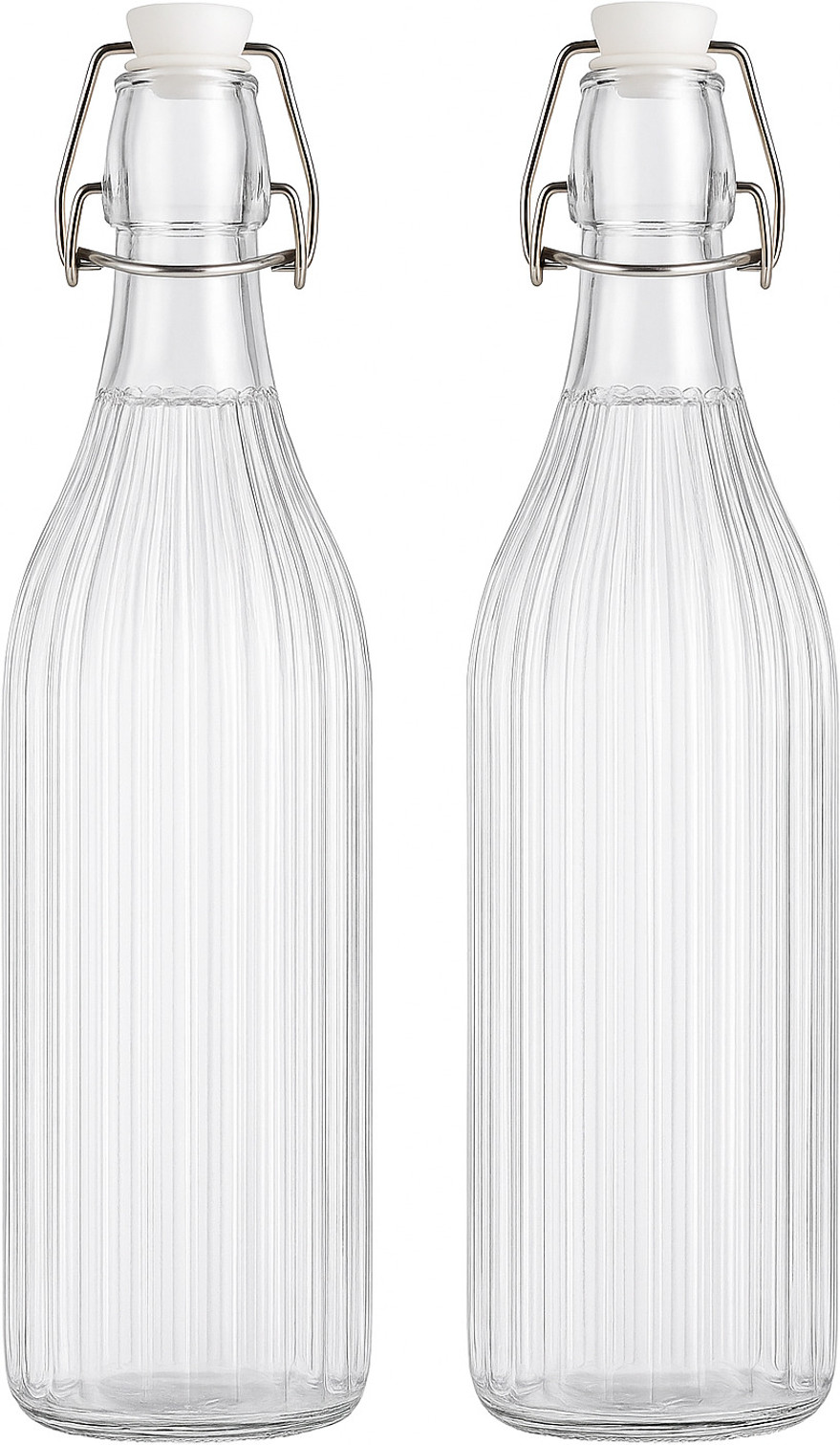 AAnami Swing Top Glass Bottles,Ribbed Glass Flip Top 1000 ml Glass Bottle (Pack of 2, Clear)