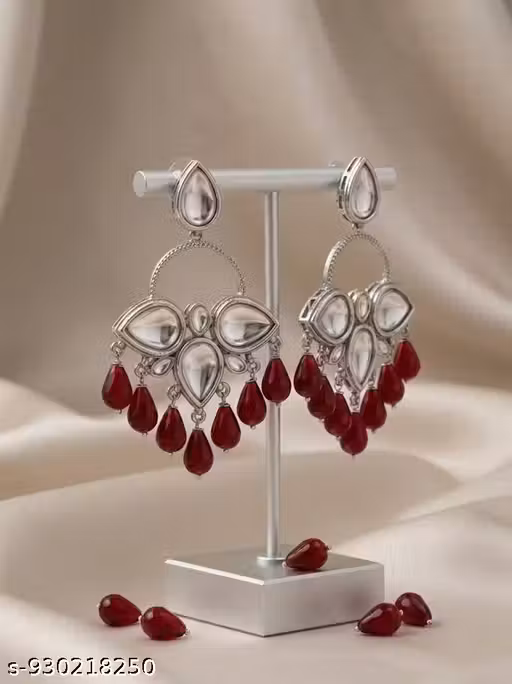 Traditional Silver-Plated Kundan Earrings with Red Droplet Beads, Handcrafted Ethnic Chandbali Drop Earrings for Women and Girls, Festive and Wedding Wear Jewelry