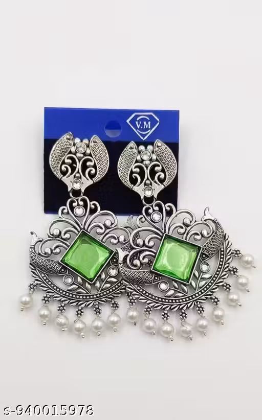 Oxidised Silver Plated Green Stone Pearl Drop Chandbali Earrings for Women