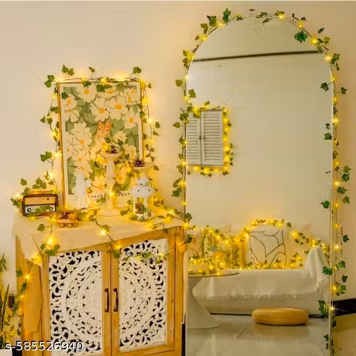 Artificial Money plant leaves 7 ft - 06pcs and 11 mtr LED Light - 1pcs, Aesthetic Room Decor Items, Christmas Decoration Items, Background Decoration Items, Festive Decor, Home Decor Items(Synthetic)