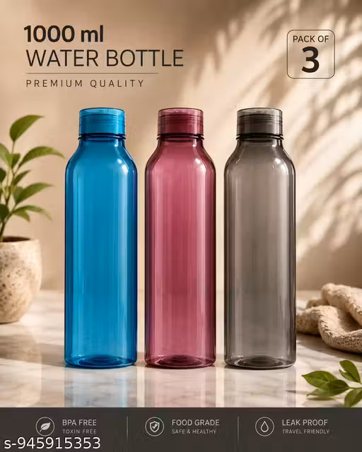 Tranding Fridge water bottle , ,Fridge water bottle for cold water ( 1000 ml ) , fridge water bottle pack of 3 , water bottle set , primium quality water bottle for summer - multicolour ( pack of 3)