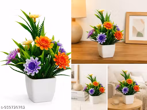 Artificial Flower Pot for Home Decoration | Multicolor Decorative Plant with Pot Paxk of 04