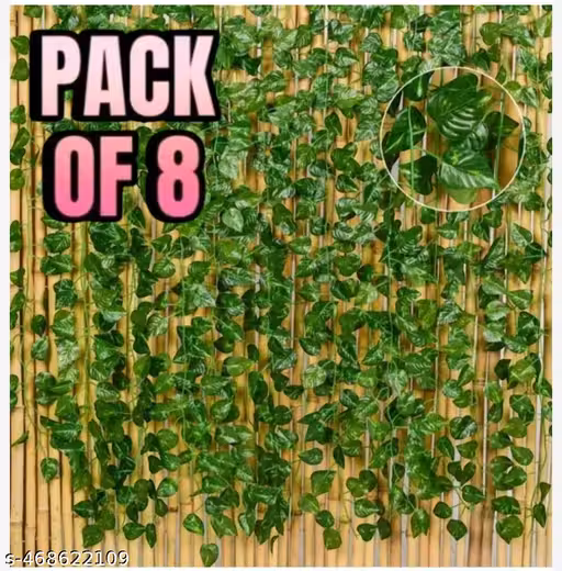TRUE SHINE : (8 Feet) (Set of 8 String) 30 Leave in one String Artificial Garlands Money Plant Hanging Leaves Greenery Vine Creeper Plants for Home Decor Main Door Wall, Balcony, Office, Decoration Party & Festival Craft