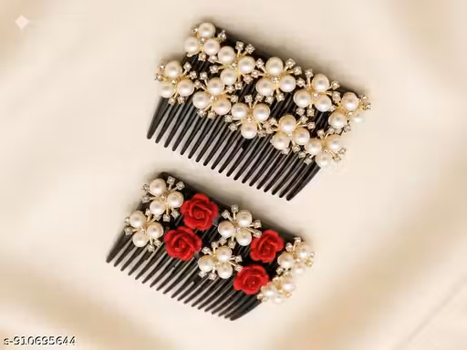 Pack of 4 Stylish , Ruby Rose & White Pearl Juda Comb Pins for Women & Girls | Premium Jada Clipu / Juttu Clipu Hair Accessories for Juda, Bun & Bridal Hairstyles | Hair Klip‌galu Mattu Mudi Pinnukal for Party, Festive & Daily Traditional Look