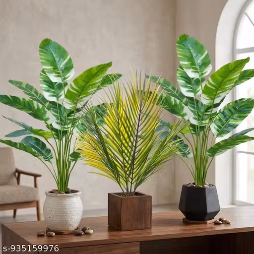 Artificial Tropical Palm & Banana Leaf Plant Combo Pack of 3 for Home Décor | Realistic Green Faux Plants | Indoor Decorative Plants |( WITHOUT POTS )