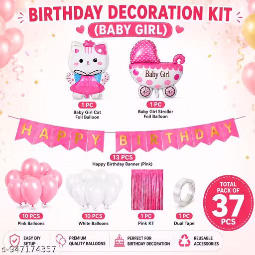 Baby Girl Birthday Decoration Kit with Pink Happy Birthday Banner, Cat & Stroller Foil Balloons, Pink Curtain & Balloons (37 Pcs)