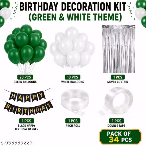 Green White Birthday Decoration Kit 34 Pcs