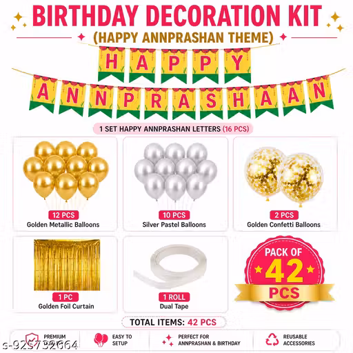 Baby Food-Party Maker Happy Annprashan Decoration Kit (Gold & Silver Theme) | 42 PCS Premium Birthday Decoration Set |Banner, Balloons, Curtain Foil & Accessories