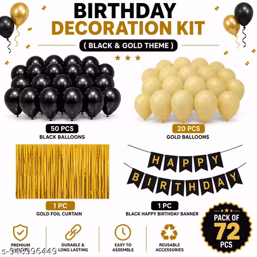 Black Gold Birthday Decoration Kit with Foil Curtain, Happy Birthday Banner & Metallic Balloons for Party Decoration