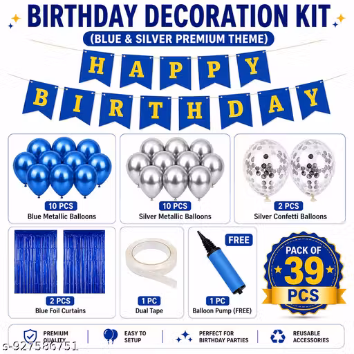 Party Maker - Decoration- Blue & Silver Premium Birthday Decoration Kit (39 Pcs) with Free Balloon Pump | Metallic Balloons, Foil Curtains & Happy Birthday Set Combo