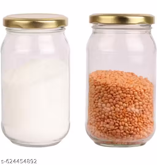 Round Glass Jar Containers For Kitchen Storage With Airtight Black Lid, 1kg, Set of 2