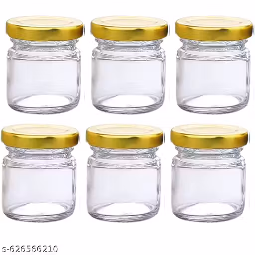 Round Small Glass Jar 200Ml With Golden Lid For Kitchen Storage And More (Pack Of 6) - Transparent