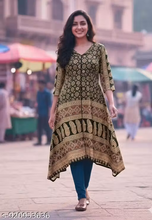 TRENDING VISCOSE REYON FABRIC KURTI WITH AJARAK PRINT WITH BEAUTIFULL FLARED KURTI