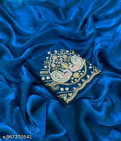 Frendy Satin Silk Saree with Heavy Bits Embroidery Work Blouse Piece for Women