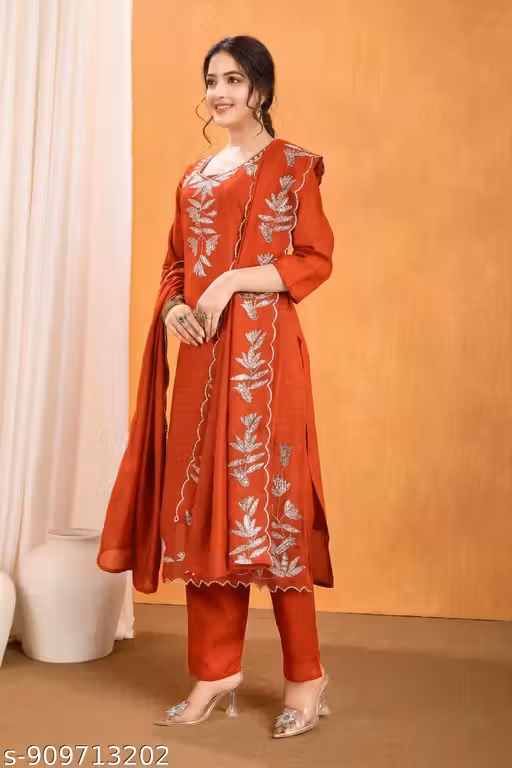 Elegant Embroidery Vichitra Silk Kurta Set with Designer Dupatta – Perfect for Wedding Receptions