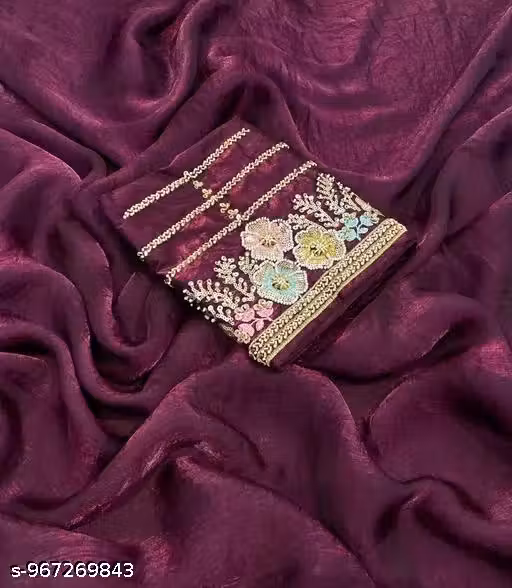 Frendy Satin Silk Saree with Heavy Bits Embroidery Work Blouse Piece for Women