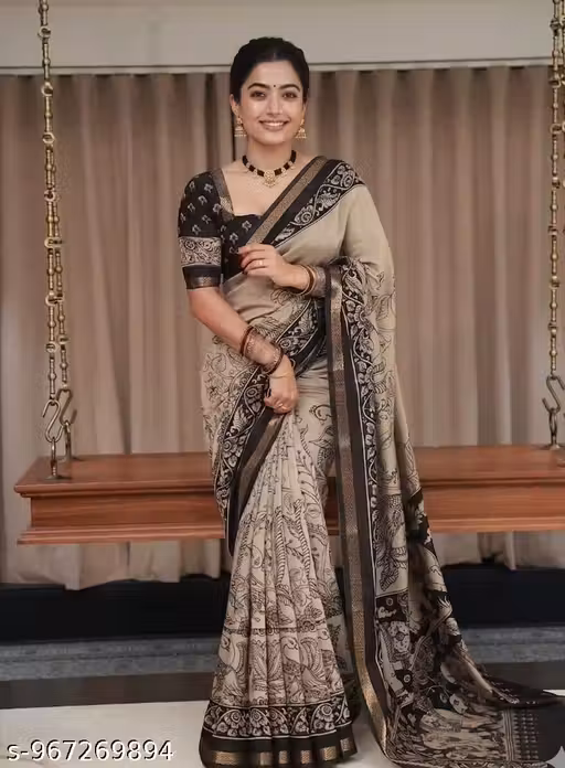 Premium Mul Mul Cotton Kalamkari Printed Saree with Traditional Peacock and Elephant Motifs Soft Mulmul Cotton Kalamkari Saree