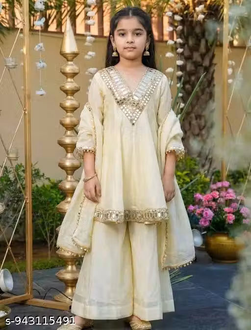 Girls Silk Mirror Embroidered A-Line Kurta Palazzo With Dupatta Set – Ethnic Festive Wear for Kids | Traditional Party Wear Suit Set