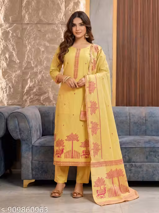 Premium 100% Pure Cotton Jacquard Salwar Suit Set with Full Sleeves & Matching Dupatta – 3-Piece Ethnic Wear for Women