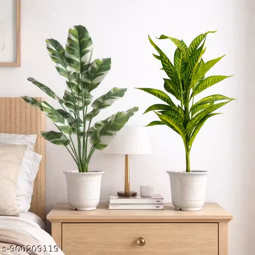 Artificial Indoor Plants Combo – Decorative Green Leaf Plants with White Pots | Home & Office Table Décor | Set of 2