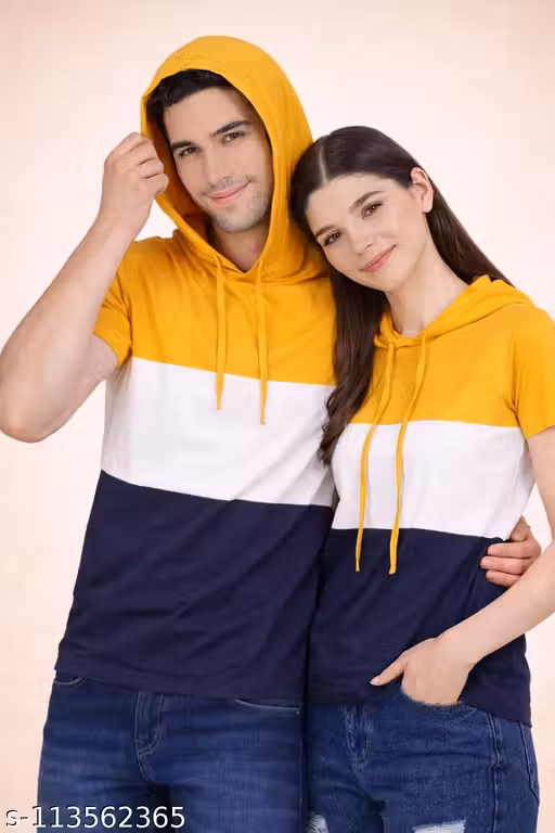 Trendy Couple Half Sleeve Hoodie T-Shirts for Men & Women | Matching Couple Hooded T-Shirts | Mustard White Navy Blue Casual Wear Tees