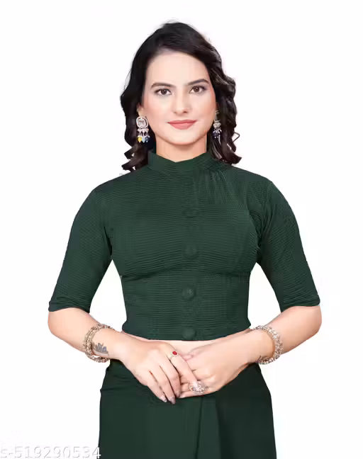 Stretchable Zipper Blouse for Women Cotton Lycra High Neck Blouse Front Button & Zip Closure Blouse Designer Collar Blouse for Saree & Lehenga
