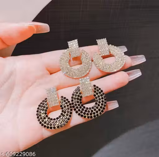 Ladies Earrings Combo Set – Perfect Gift Collection | Two stunning designs in one set—crystal sparkle and black stone elegance, making it a thoughtful gift for birthdays, anniversaries, or festive celebrations.