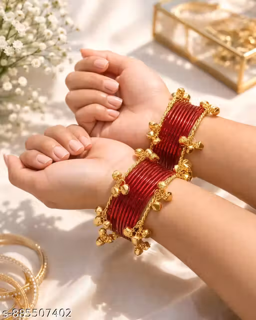 Stylish Red metal Bangles Set with Golden Ghungroo Charms for Women & Girls