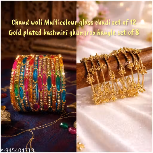 Kashmir bangles, Glass bangles set, Ghungroo bangles, Multicolor chudi set, Chuda of wedding, Trending bangles set for women, Kanch ki chudiya, Kashmiri traditional jewellery, Latkan bangles, Fancy churi combo.