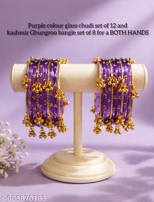 Purple colour glass chudi set of 12 and kashmir Ghungroo bangle set of 8 for a BOTH HANDS.