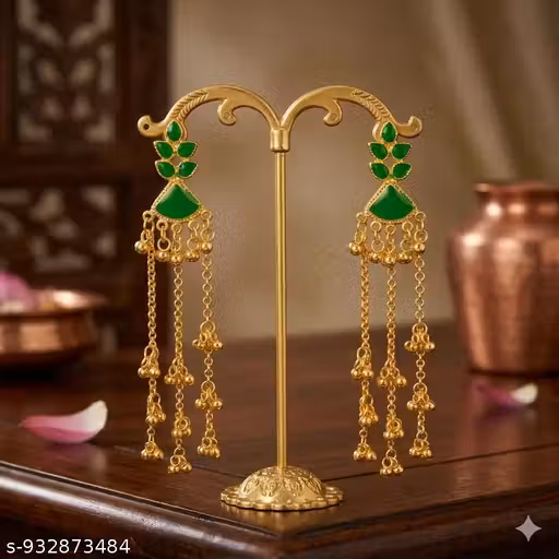 Stylish Green Stone Gold Plated Long kashmiri Earrings for Women & Girls.