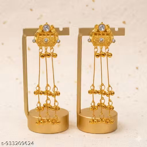 Designer Gold Plated Long Chain Ghungroo Earrings for Women & Girls