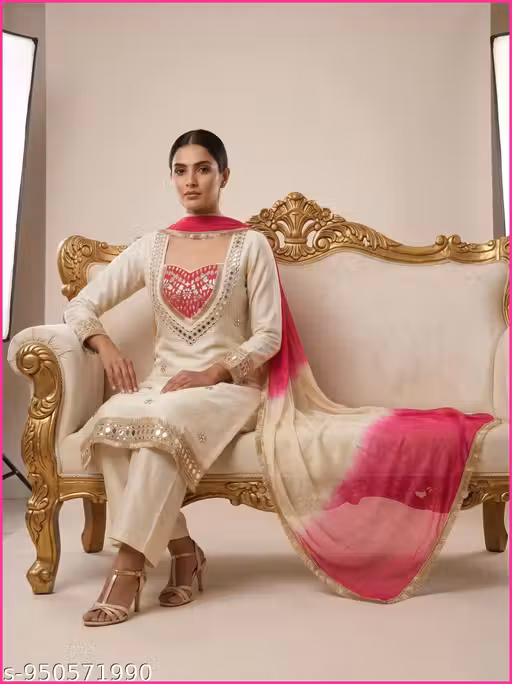 SaiVriti Chanderi Blend Mirror Work Kurta Set for Women with Dupatta, Off-White & Pink, Festive & Party Wear Ethnic Suit M, L, XL, XXL Traditional Indian Attire
