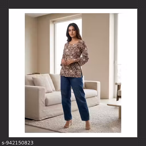 SAIVRITI Pure 100% Cotton Short Kurti with Back Dori (BROWN)