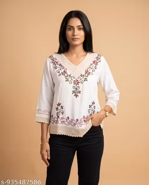 Women White Embroidered Cotton Top | Stylish Full Sleeve Tunic Top | Boho Style Lace Work Casual Western Top for Women