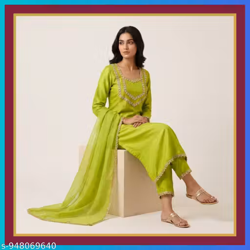 SAIVRITI'S Partywear SILK Kurta Pant set With Dupatta | Trending Kurta Pant set for Women (GREEN)