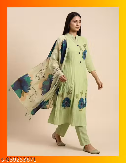 MaViraa Women's Malcanderi Green Tiered Kurti Pant & Dupatta Set | Festive Ethnic Wear