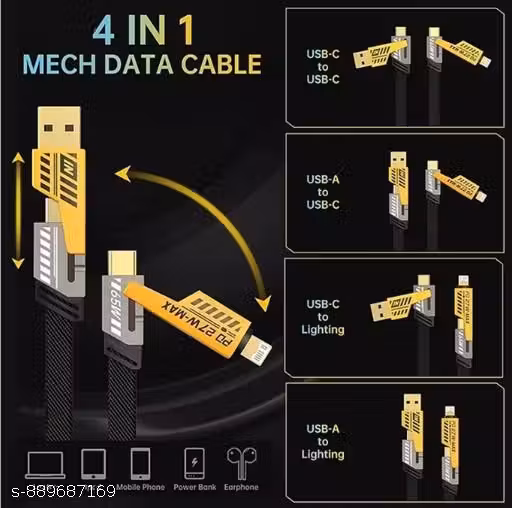 Premium 4-in-1 Fast Charging Data Cable – Universal Multi- t(Type-C, iOS, Micro USB) – Braided & Tangle-Free (1.2M)