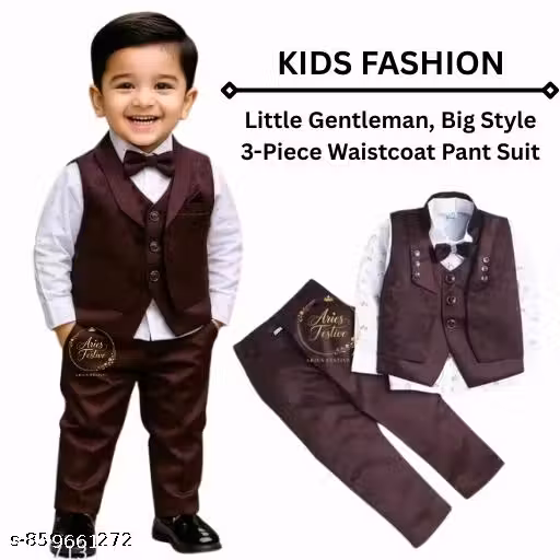 ARIES FESTIVE Boys 3 Piece Suit Set | Blazer, Waistcoat & Pant with White Shirt | Kids Party Wear Wedding Outfit